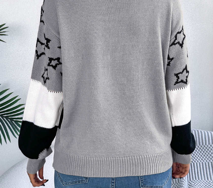 Star Contrast Round Neck Sweater