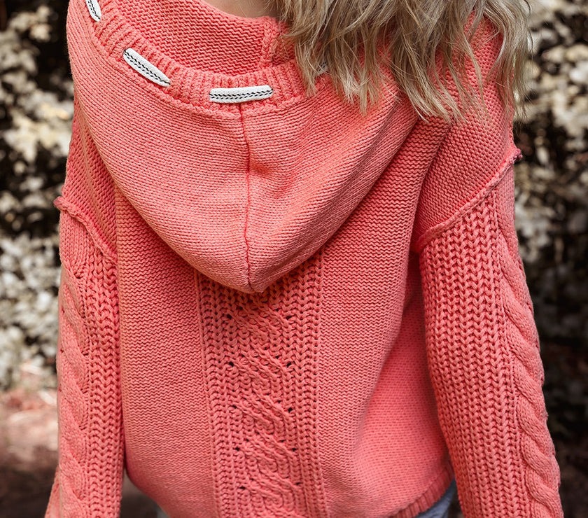 Drawstring Cable-Knit Hooded Sweater