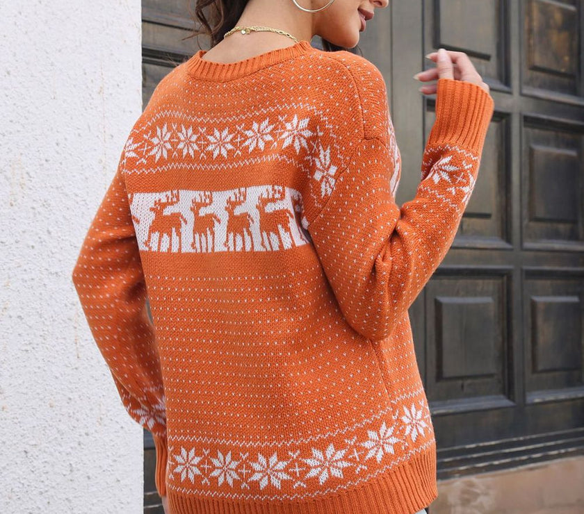 Reindeer & Snowflake Pattern Dropped Shoulder Pullover Sweater
