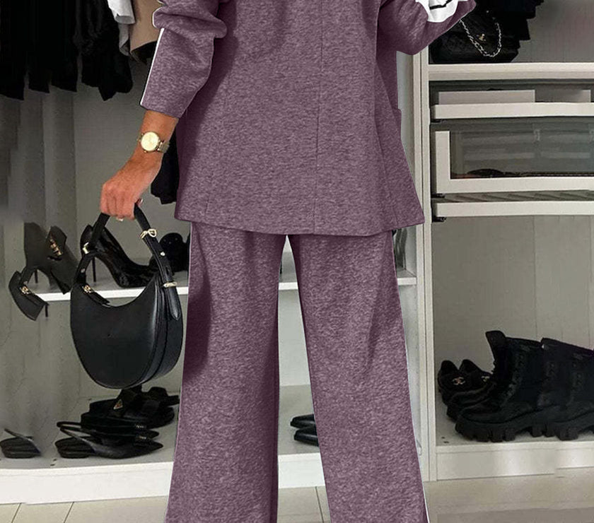 Full Size Contrast Lapel Collar Top and Pants Set