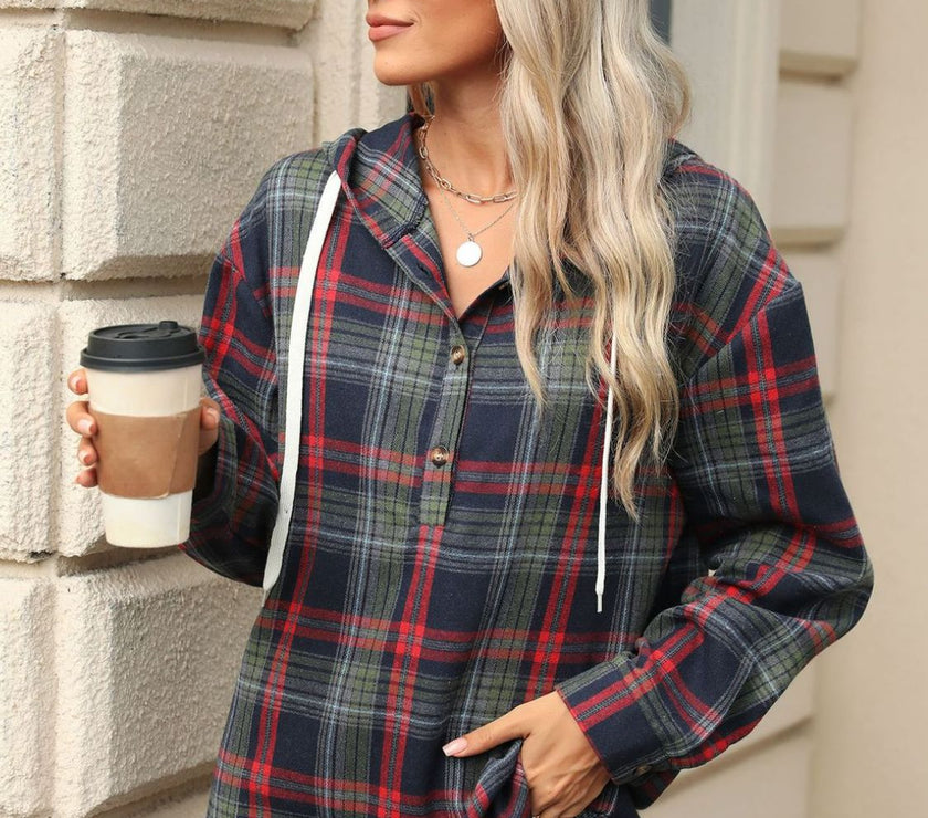 Drawstring Plaid Hooded Long Sleeve Top