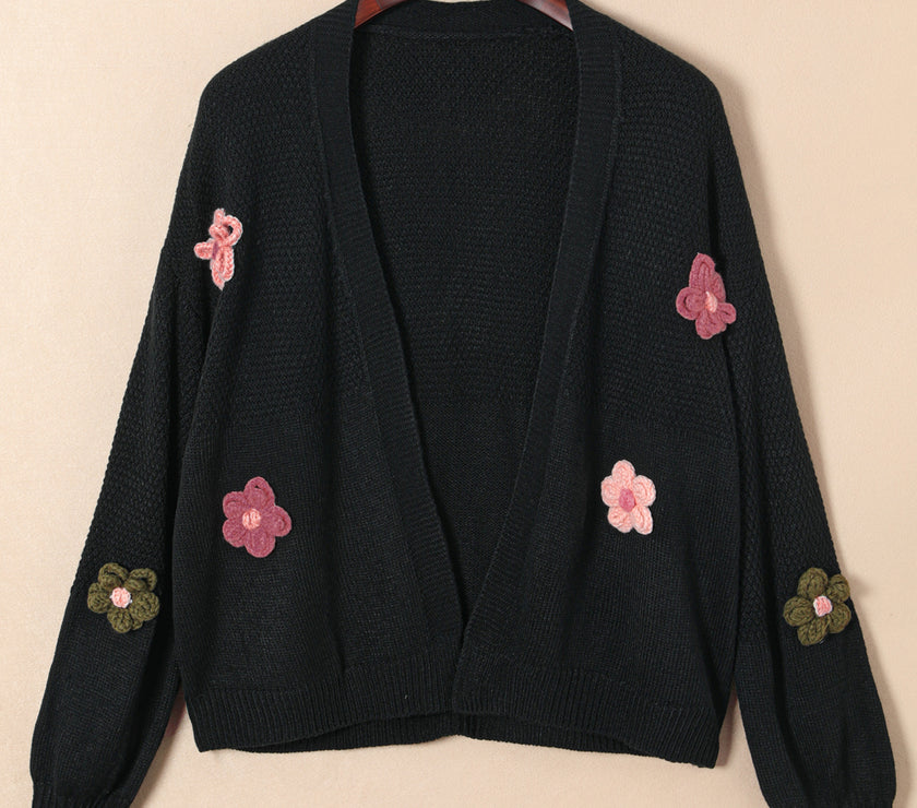 Floral Applique Drop Shoulder Open Front Cardigan