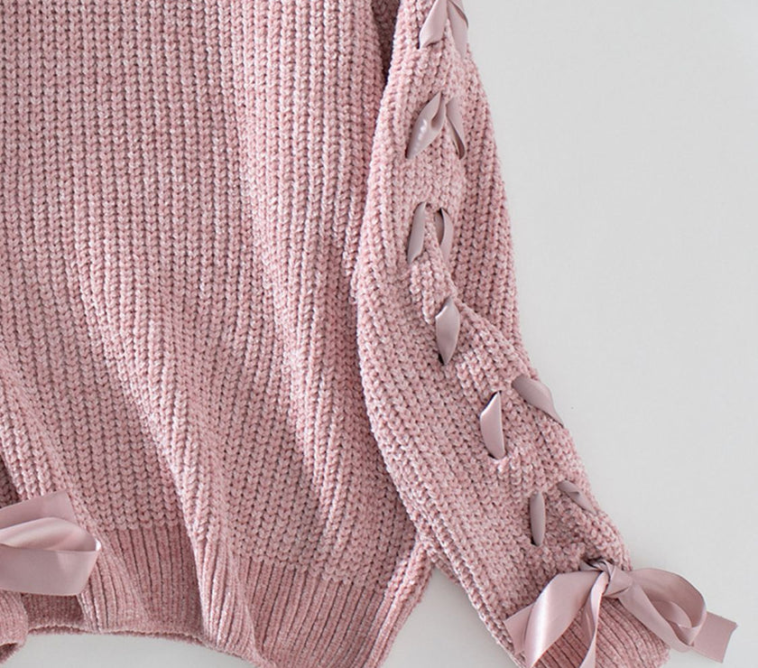 Lace Up Round Neck Long Sleeve Sweater