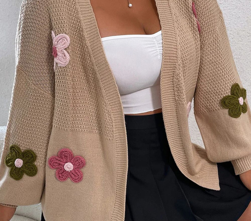 Floral Applique Drop Shoulder Open Front Cardigan