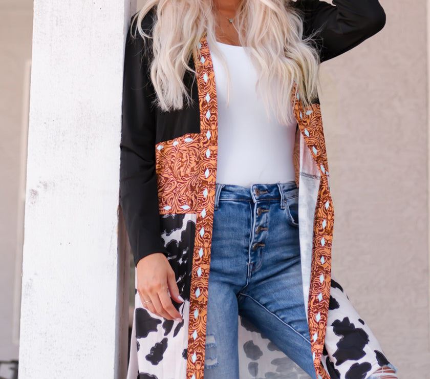Black Western Pattern Cow Patchwork Open Front Cardigan