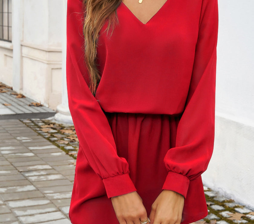 Devine Cutout V-Neck Long Sleeve Mini Dress