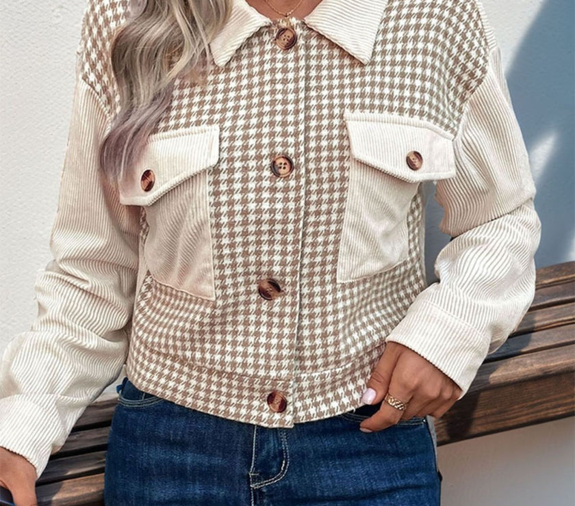 Perfee Pocketed Houndstooth Long Sleeve Jacket