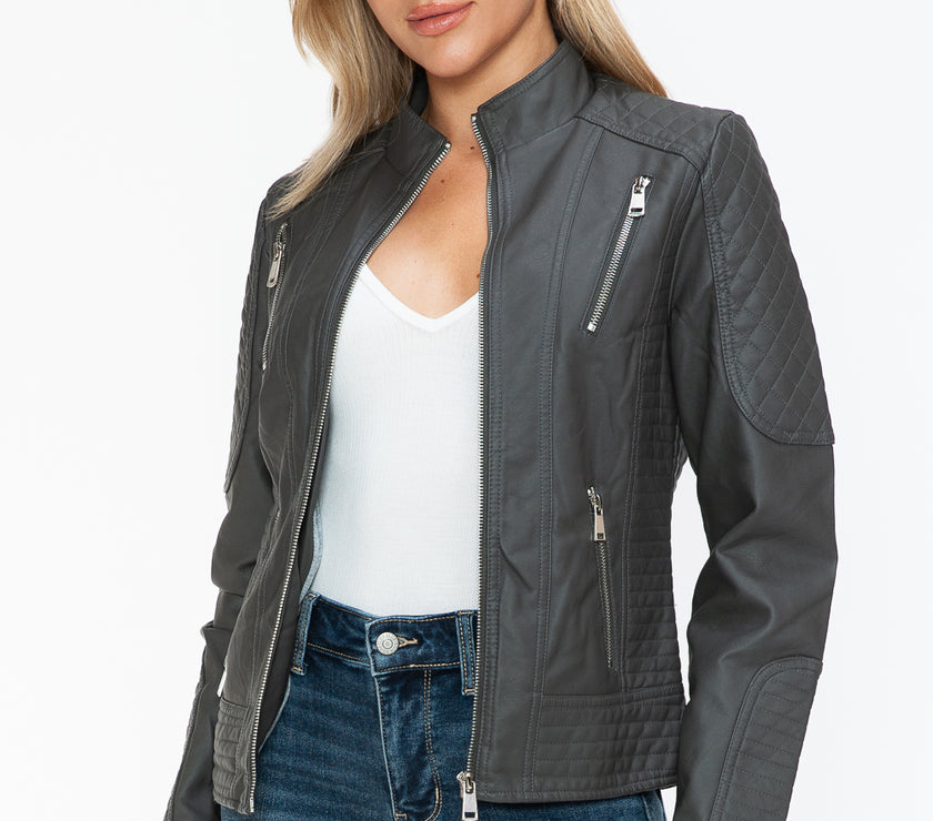 Snobbish Faux Leather Zip Up Mock Neck Jacket