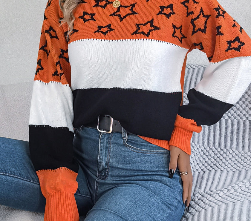 Star Contrast Round Neck Sweater