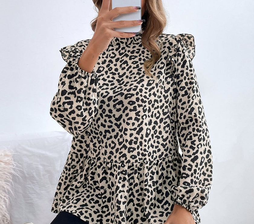 Ruffled Leopard Mock Neck Long Sleeve Blouse
