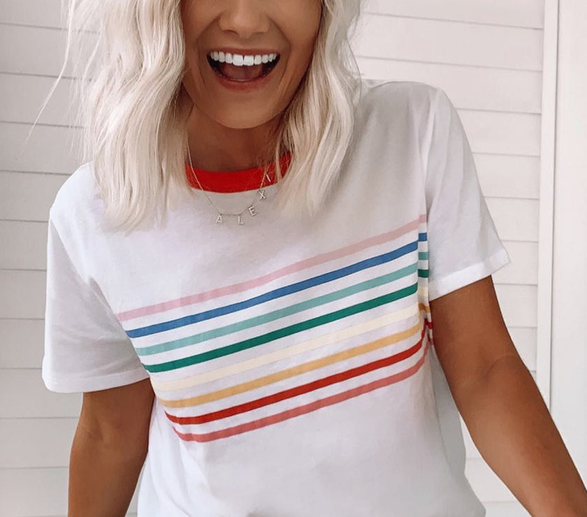White Rainbow Stripe Print Contrast Crewneck T Shirt