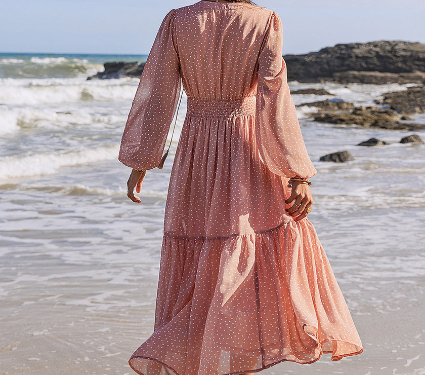 Embroidered Polka Dot Tie Neck Long Sleeve Midi Dress
