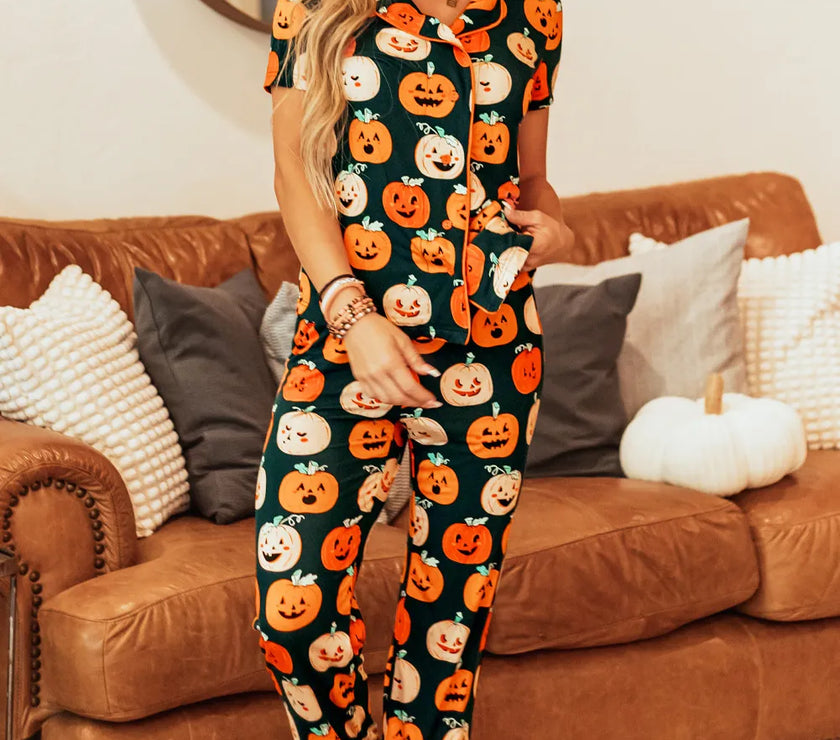 Pumpkin Printed Short Sleeve Top and Pants Lounge Set