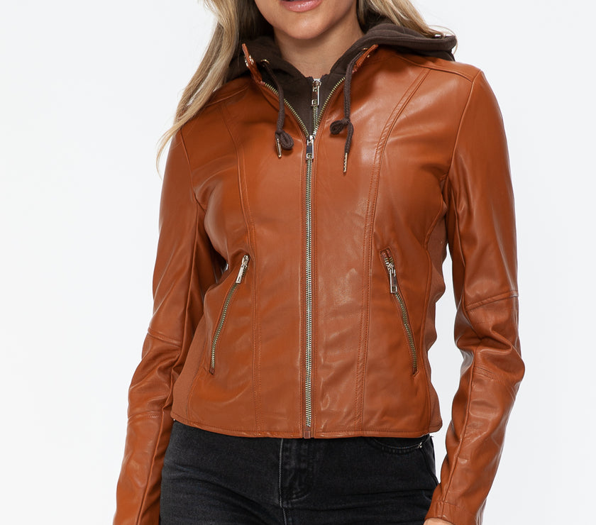 Snobbish Faux Leather Zip Up Drawstring Hooded Jacket