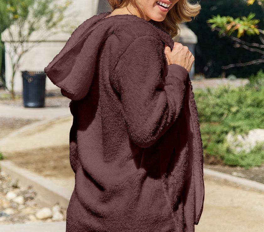 Full Size Teddy Hooded Jacket with Pockets