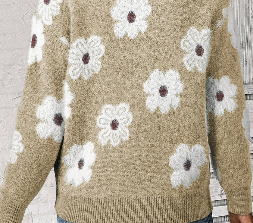 Flower Half Zip Long Sleeve Sweater