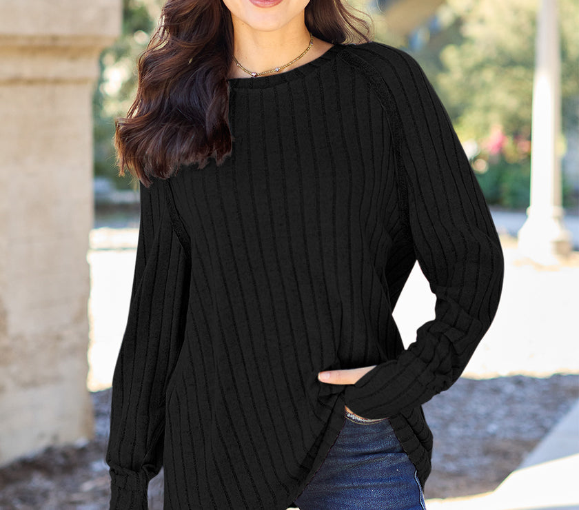 Basic Bae Full Size Ribbed Round Neck Long Sleeve Knit Top