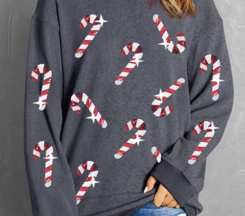 Sequin Candy Cane Round Neck Sweatshirt
