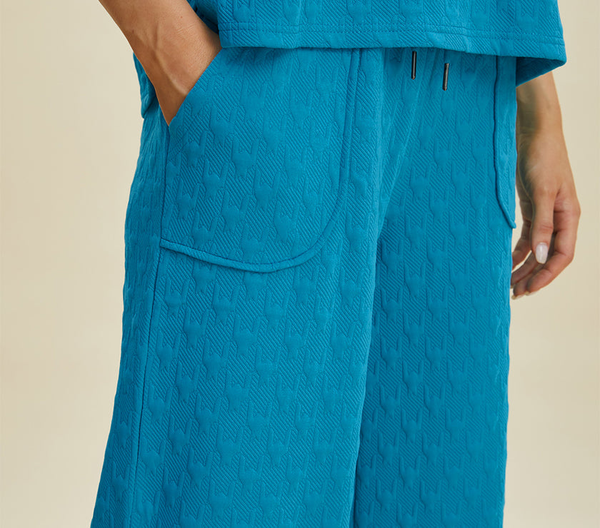 Double Take Full Size Texture Drawstring Short Sleeve Hoodie and Pocketed Pants Set