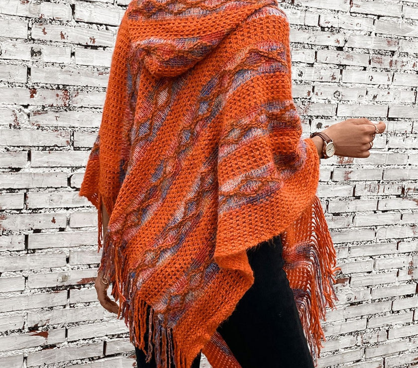 Fringe Contrast Hooded Poncho