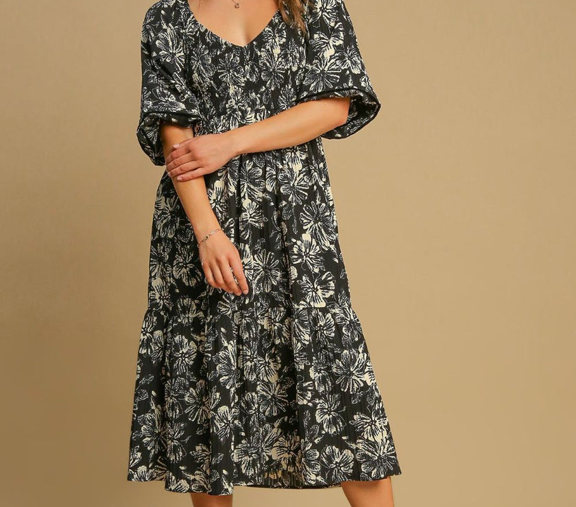 Umgee Ruffle Hem Flower Printed V-Neck Dress