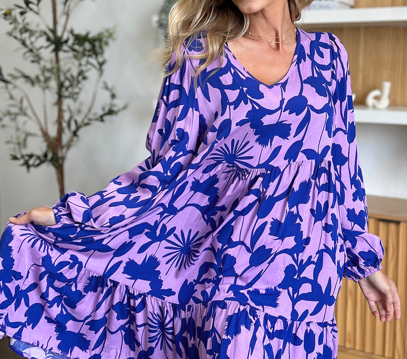 Double Take Full Size Printed Ruffle Hem Dress with Pocket