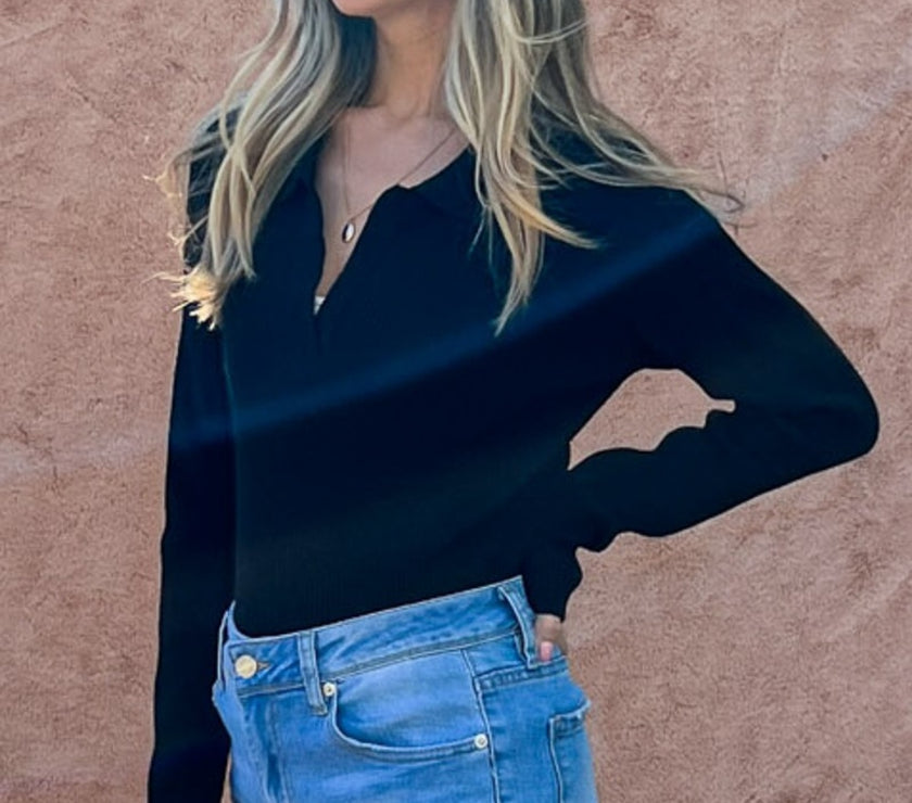 And The Why Full Size Johnny Collar Long Sleeve Ribbed Bodysuit