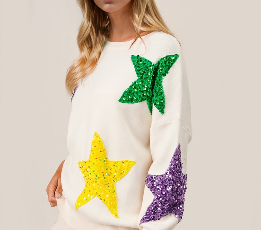 Double Take Sequin Star Round Neck Dropped Shoulder Sweater