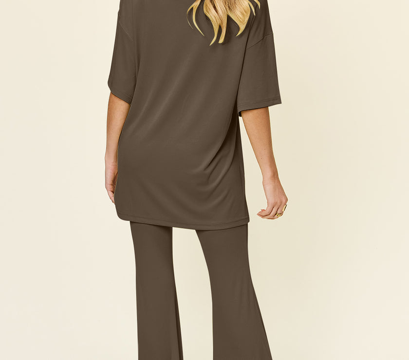 Double Take Full Size Round Neck Drop Shoulder T-Shirt and Flare Pants Set