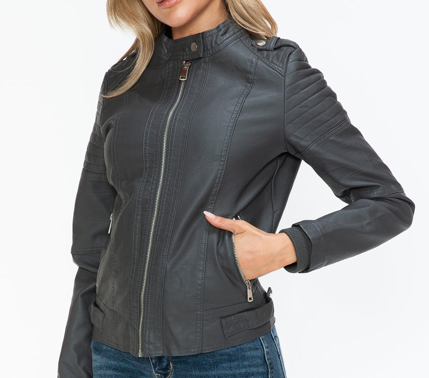Snobbish PU Leather Biker Jacket with Side Zip Pockets