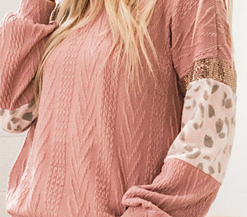 Sequin Leopard Round Neck Long Sleeve Sweater