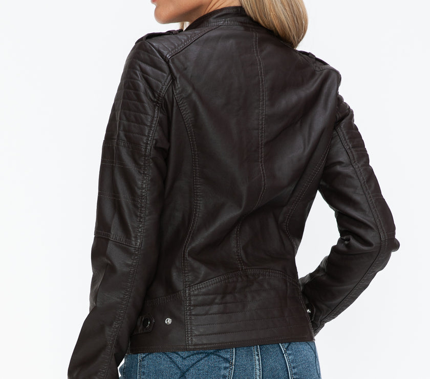 Snobbish PU Leather Biker Jacket with Side Zip Pockets