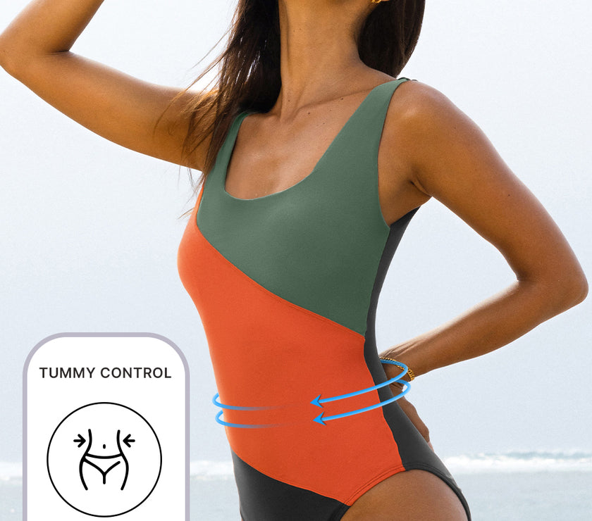 Duffel Green Color Block Padded Square Neck One Piece Swimsuit