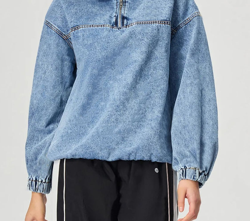 Quarter Zip Collared Neck Denim Top