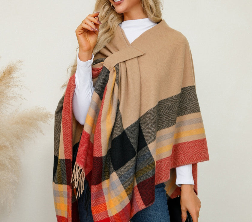 Fringe Contrast Plaid Poncho