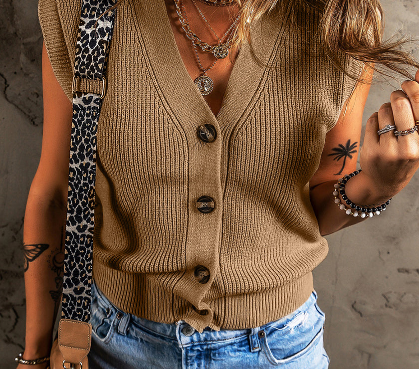 Parchment V Neck Buttoned Front Sweater Vest