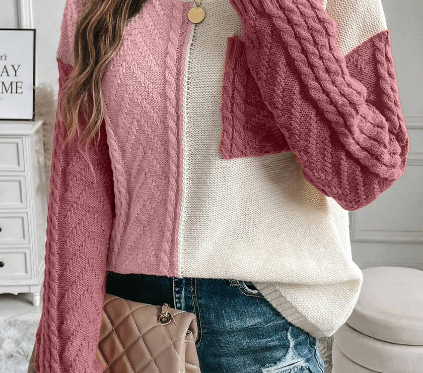 Color Block Round Neck Long Sleeve Sweater