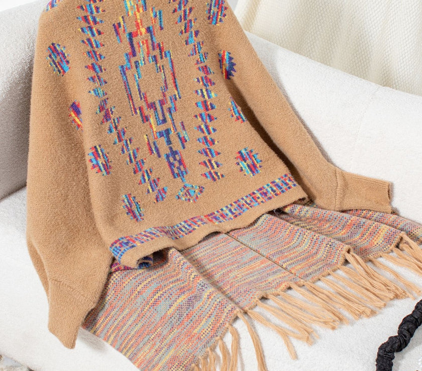 Fringe Geometric Open Front Long Sleeve Cape
