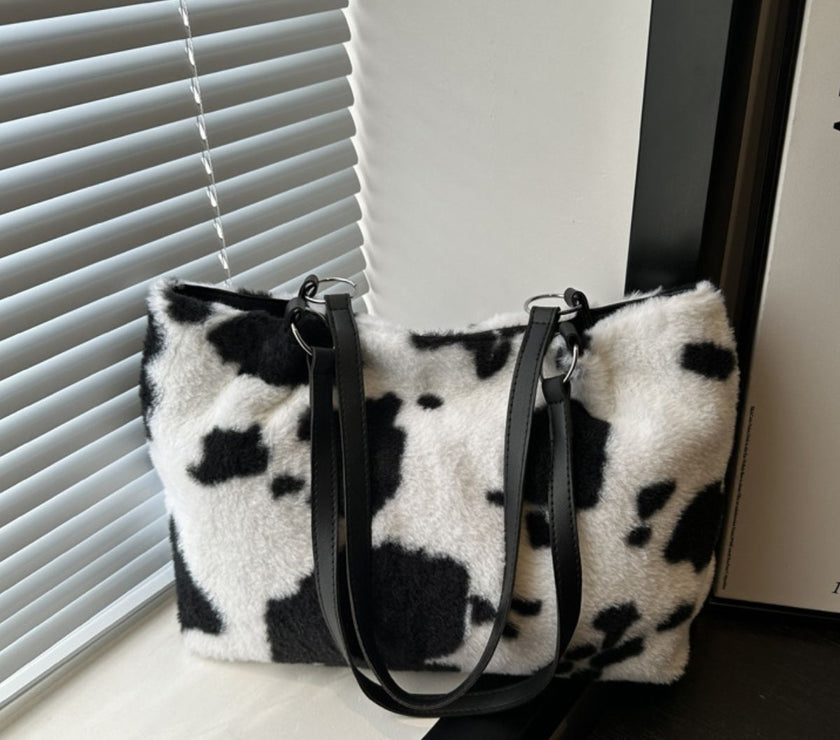 Cow Print Furry Tote Bag