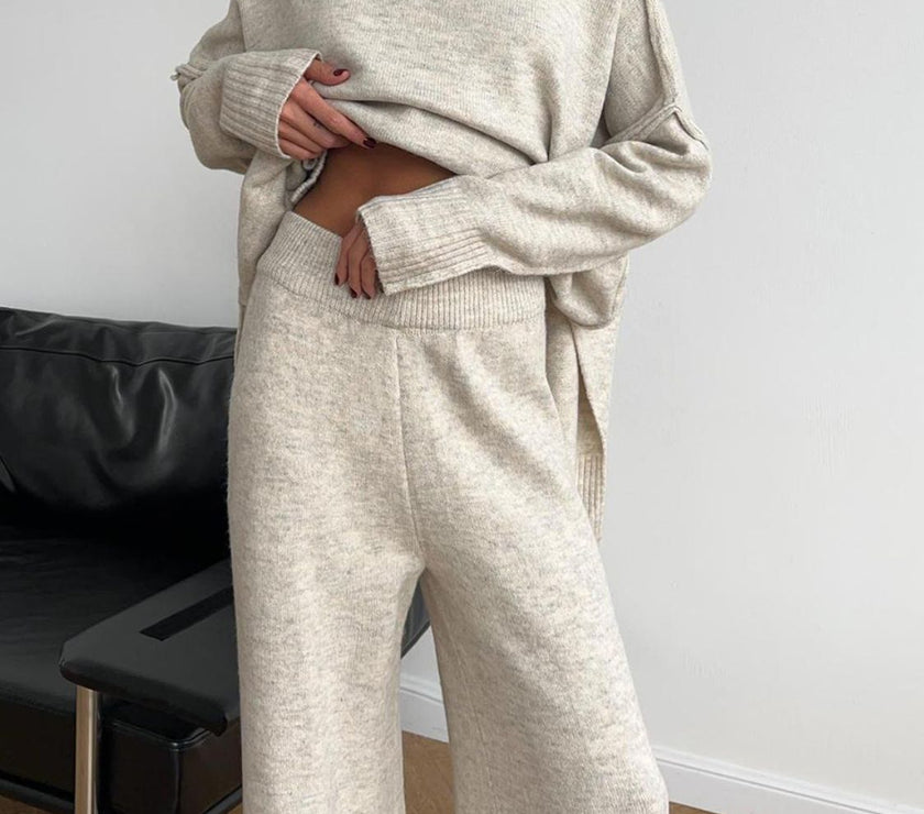 Slit Turtleneck Long Sleeve Top and Pants Sweater Set