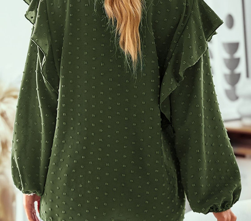 Ruffled Swiss Dot Notched Long Sleeve Blouse