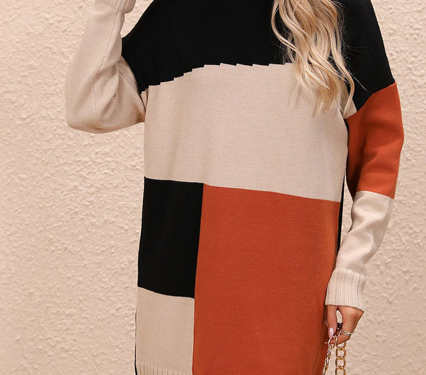 Color Block Mock Neck Dropped Shoulder Sweater Dress