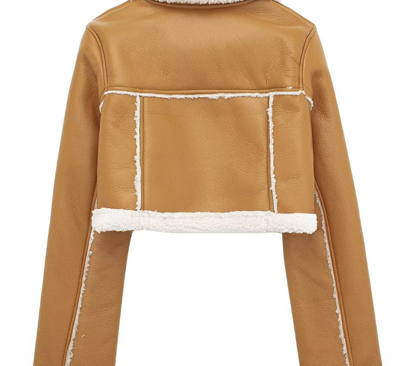 Collared Neck Long Sleeve Plush Cropped Jacket