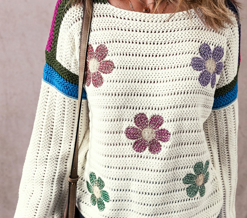 Flower Round Neck Long Sleeve Sweater