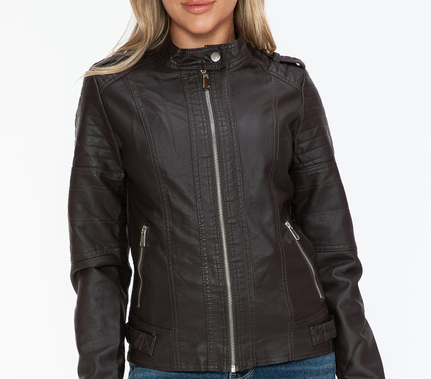 Snobbish PU Leather Biker Jacket with Side Zip Pockets