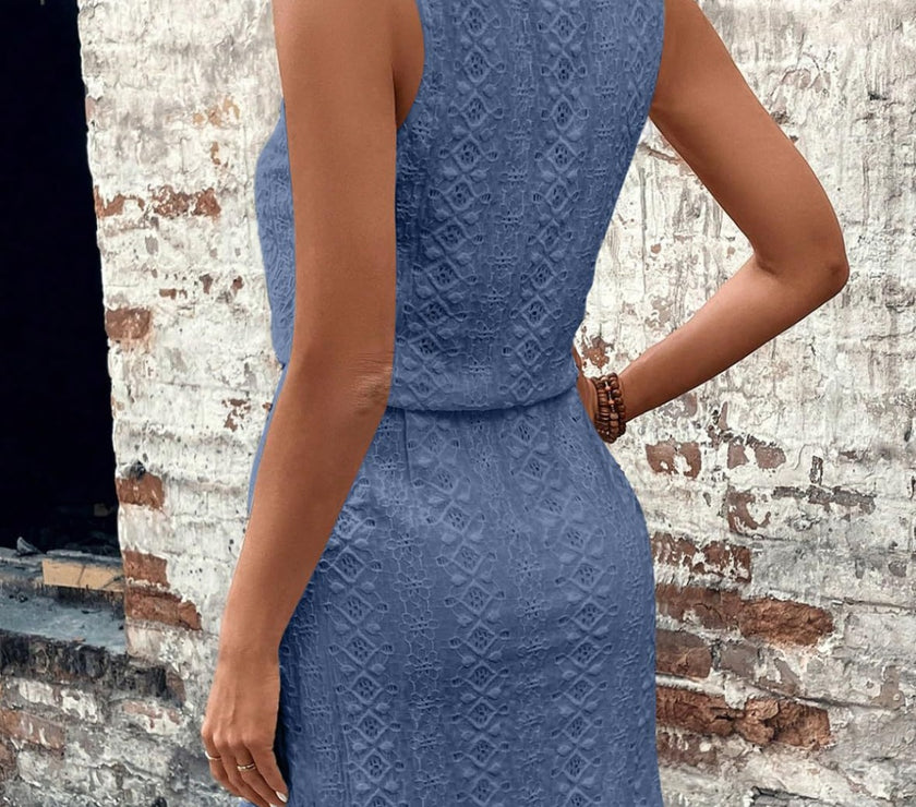 Eyelet Drawstring Round Neck Sleeveless Dress