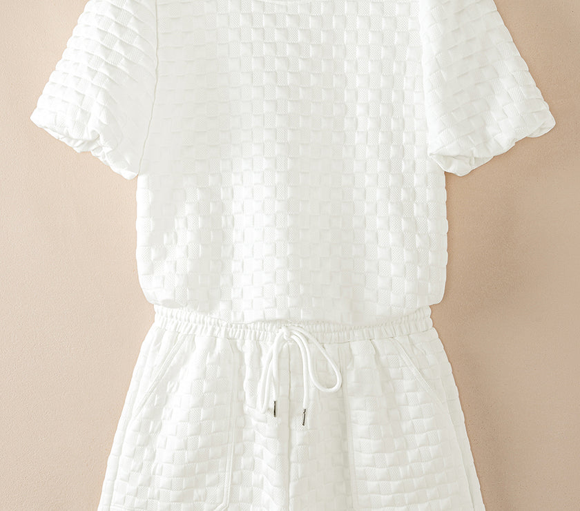 White Solid Color Checkered Texture Short 2pcs Outfit