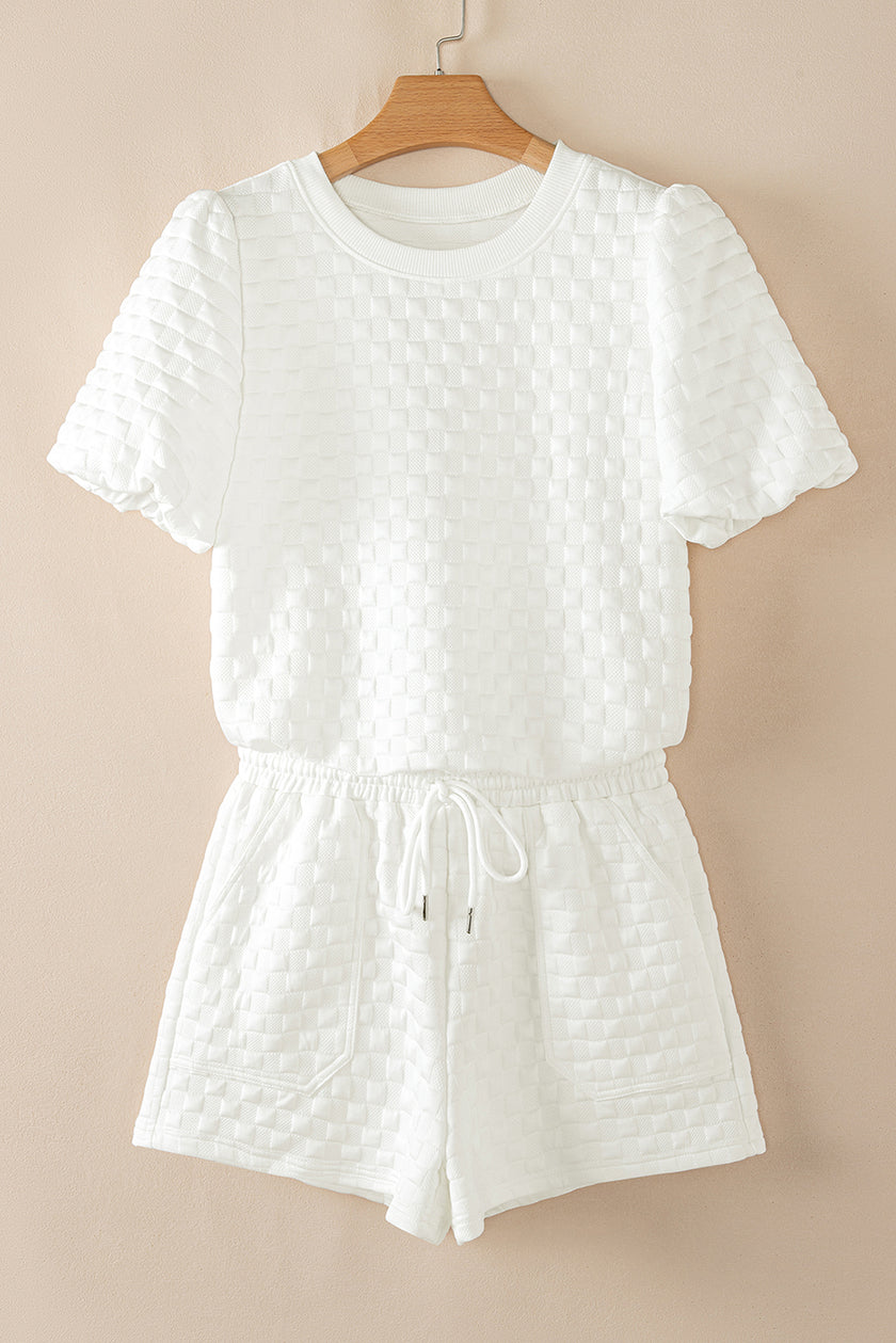 White Solid Color Checkered Texture Short 2pcs Outfit