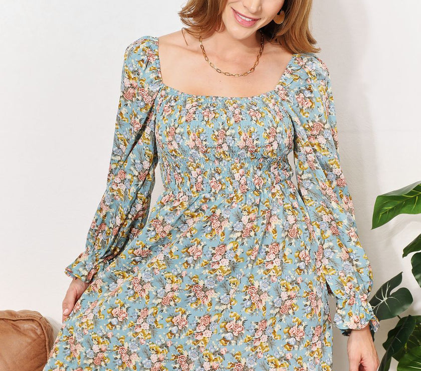 Honey Floral Smocked Flounce Sleeve Square Neck Dress