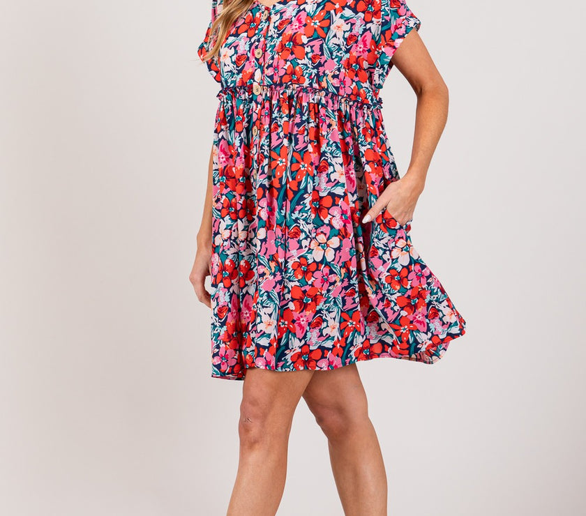 SAGE + FIG Floral Button Down Short Sleeve Mini Dress